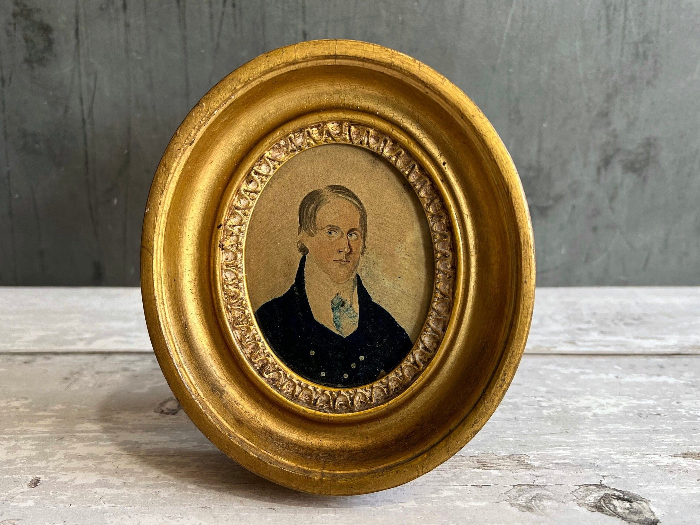 18th Century Painting Portrait Miniature Young Gentleman Gilt Oval Frame Circa 1790