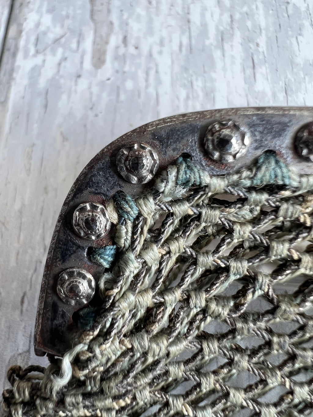 Georgian Purse Netted Sea Green and Silver Thread Cut Steel Frame Circa 1820