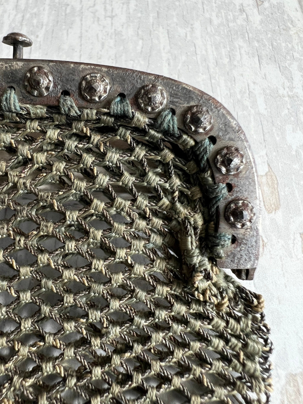 Georgian Purse Netted Sea Green and Silver Thread Cut Steel Frame Circa 1820