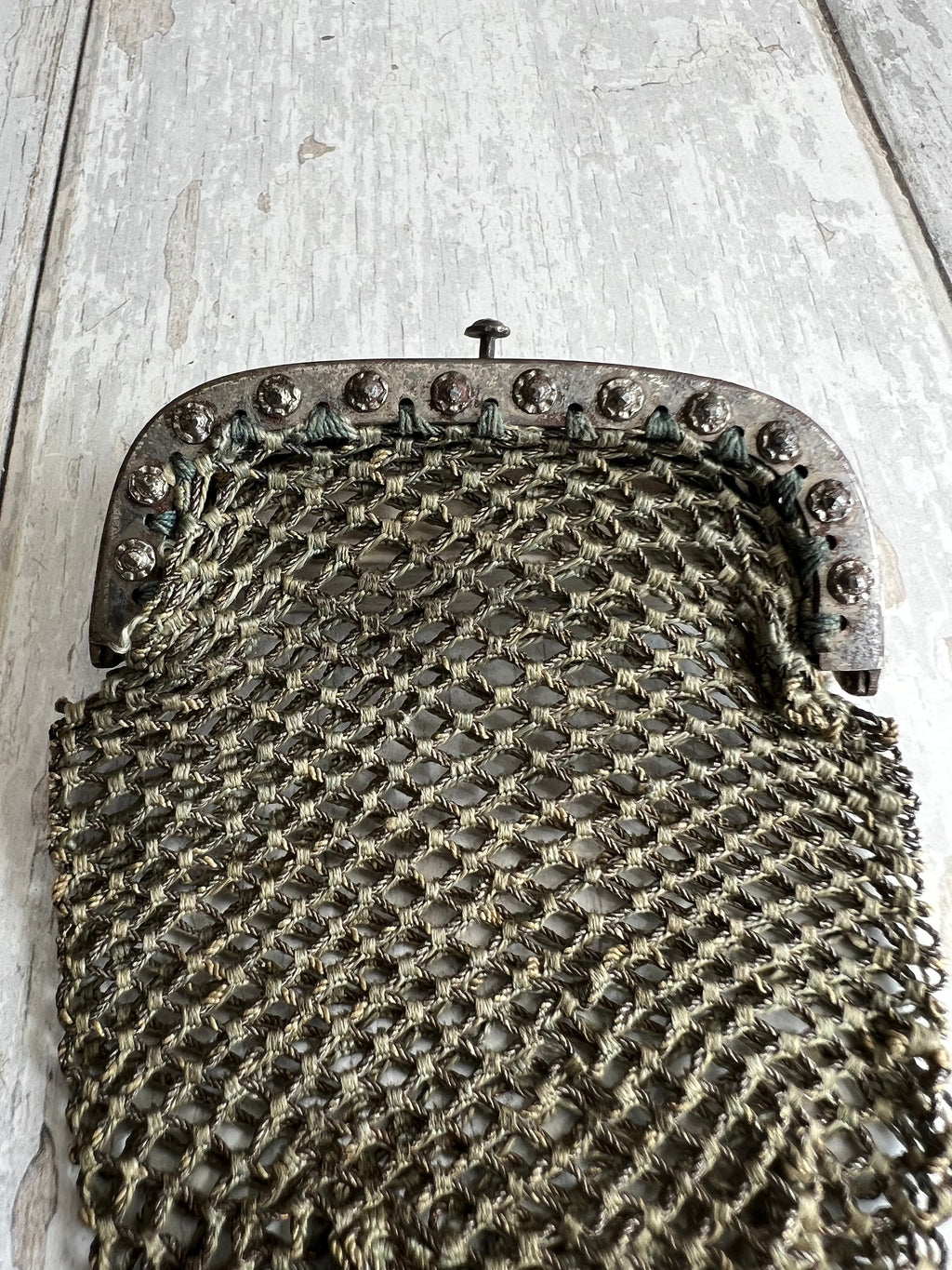 Georgian Purse Netted Sea Green and Silver Thread Cut Steel Frame Circa 1820