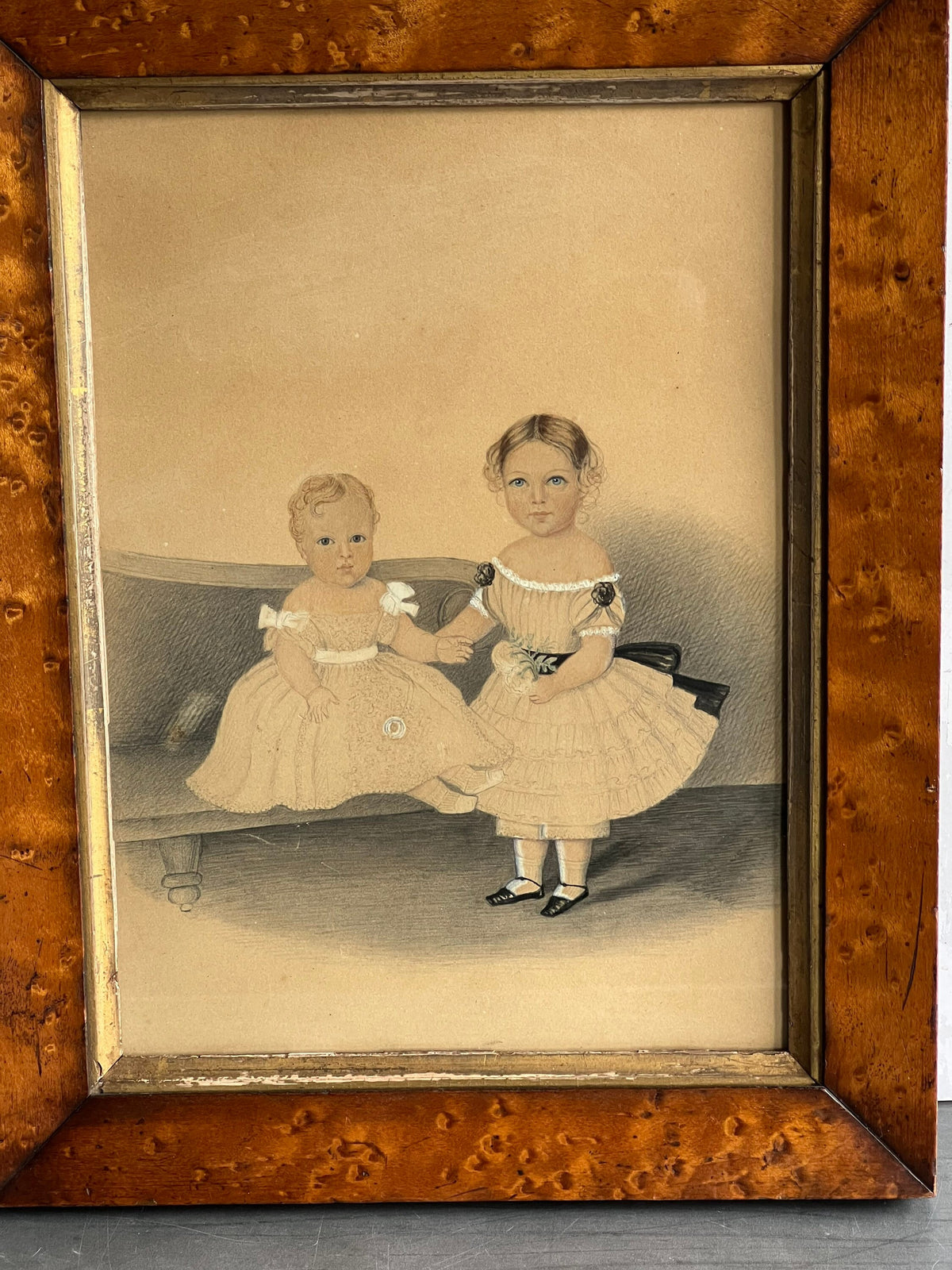 Antique Painting Portrait of Children Two Sisters Georgian Circa 1825