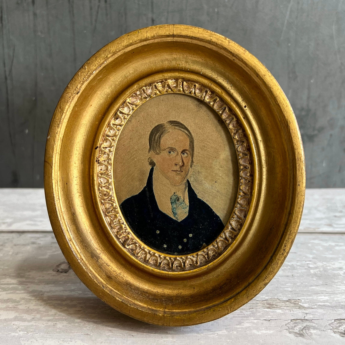 18th Century Painting Portrait Miniature Young Gentleman Gilt Oval Frame Circa 1790