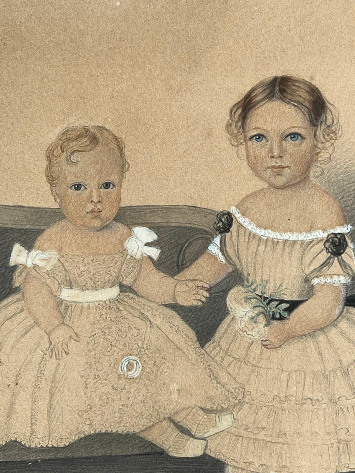 Antique Painting Portrait of Children Two Sisters Georgian Circa 1825