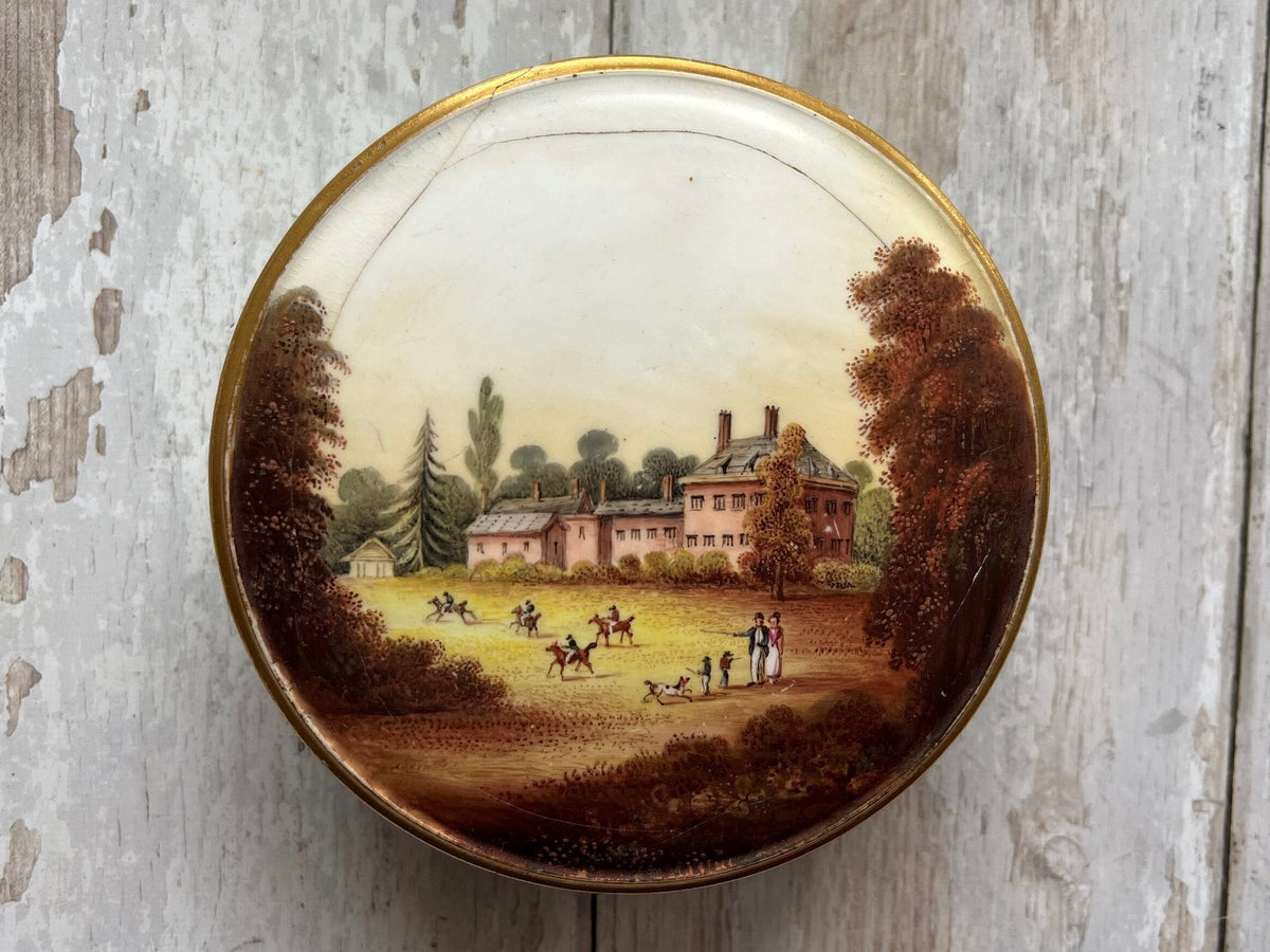 1830s Georgian Porcelain Lidded Box English Country Scene & Floral