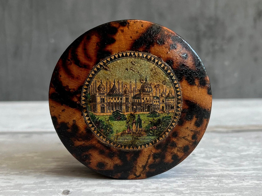 Antique Tunbridge Ware Box Brighton Pavilion Scene Simulated Tortoiseshell Finish
