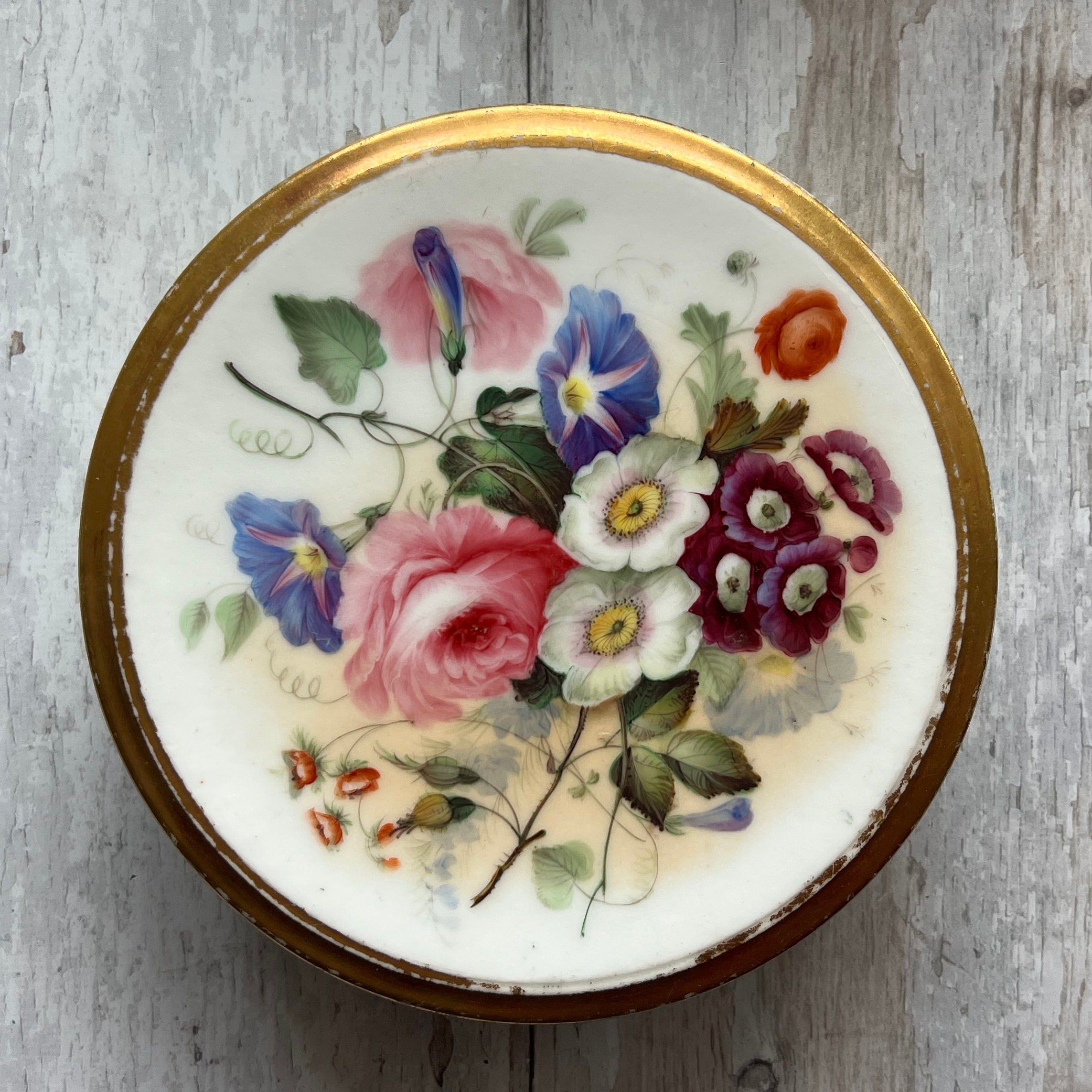 1830s Georgian Porcelain Lidded Box English Country Scene & Floral
