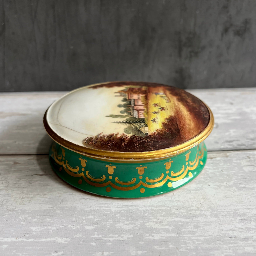 1830s Georgian Porcelain Lidded Box English Country Scene & Floral