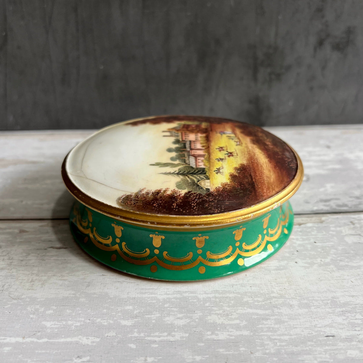 1830s Georgian Porcelain Lidded Box English Country Scene & Floral