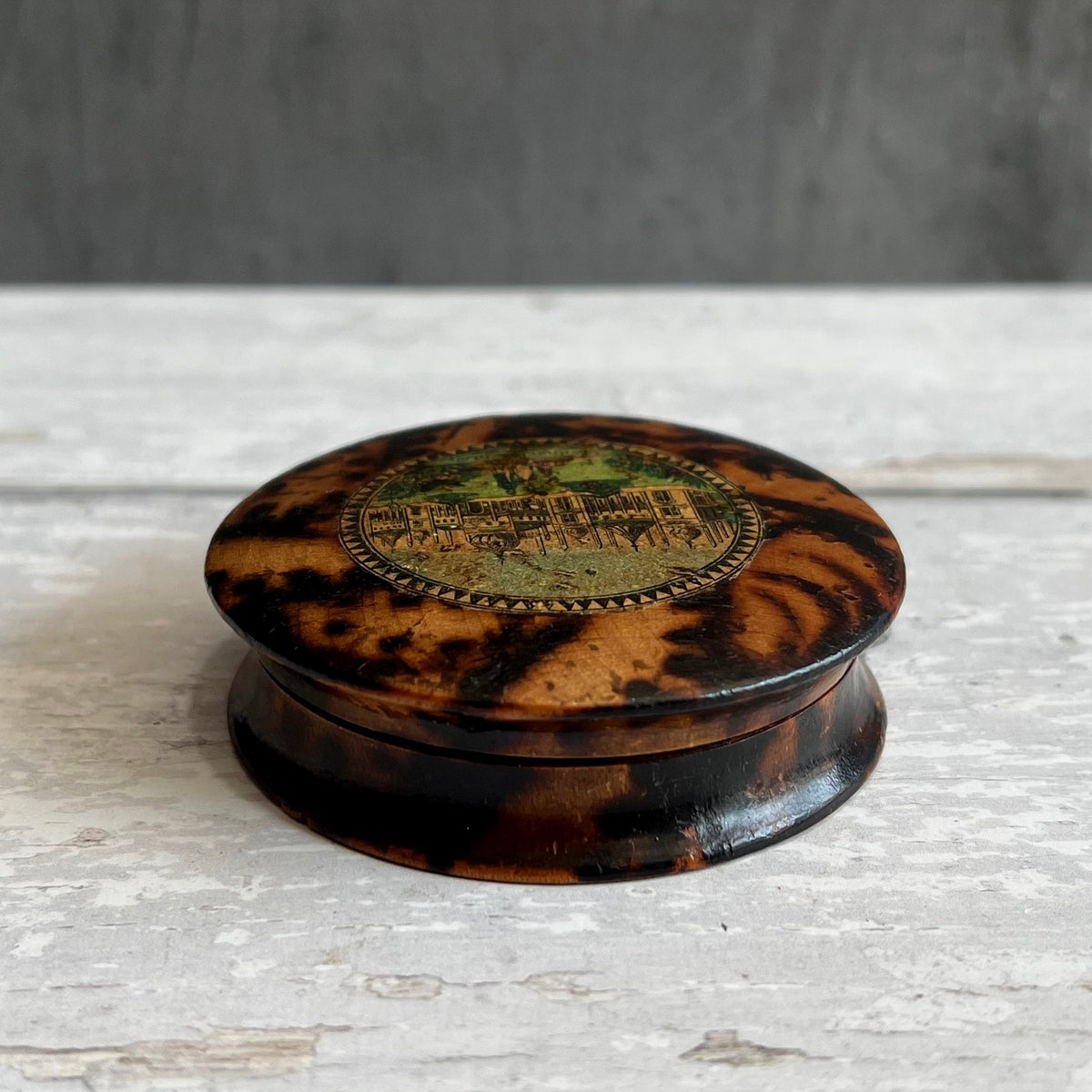 Antique Tunbridge Ware Box Brighton Pavilion Scene Simulated Tortoiseshell Finish