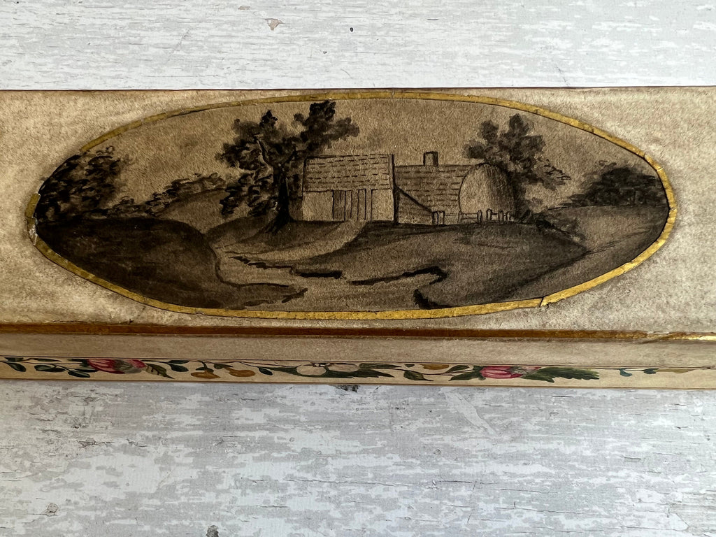 Rare Antique Georgian Sewing Box Hand Painted Shells Flowers and Country Scene Dated 1809