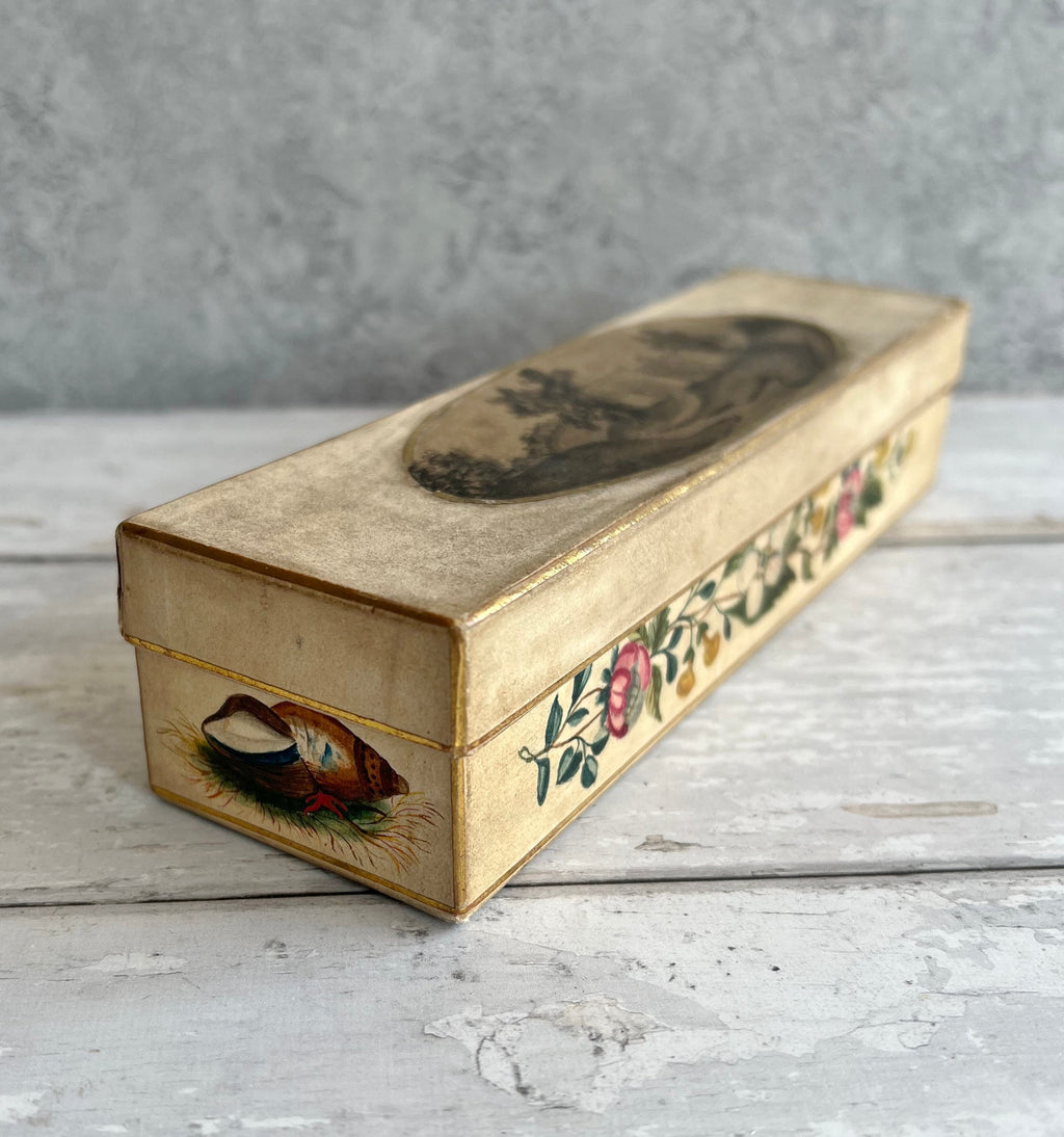 Rare Antique Georgian Sewing Box Hand Painted Shells Flowers and Country Scene Dated 1809