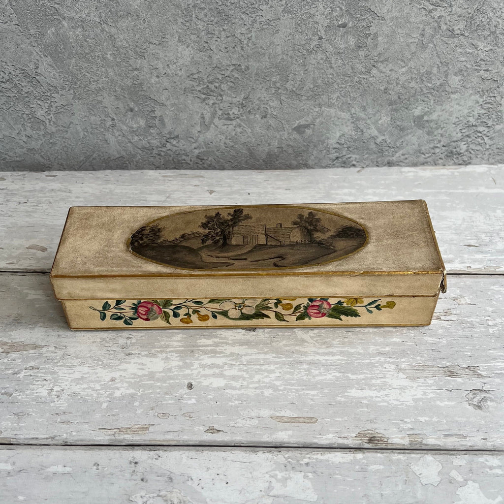 Rare Antique Georgian Sewing Box Hand Painted Shells Flowers and Country Scene Dated 1809