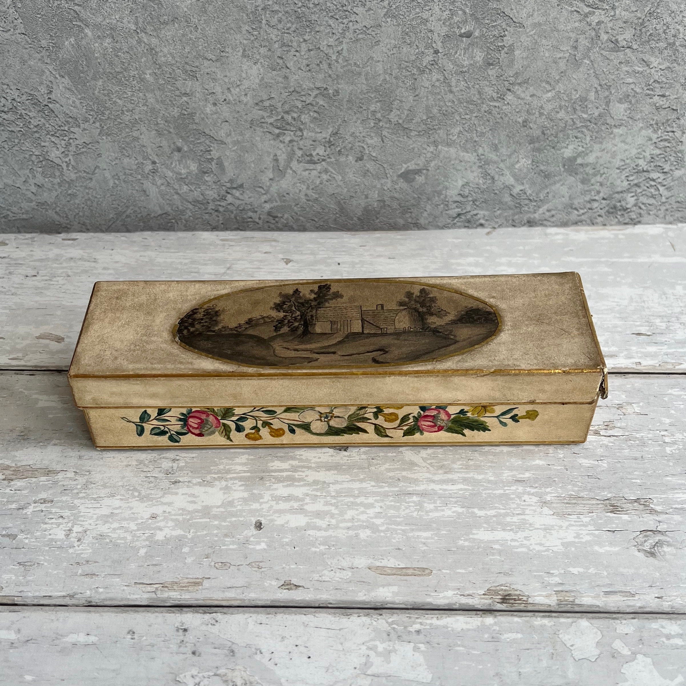 Rare Antique Georgian Sewing Box Hand Painted Shells Flowers and Country Scene Dated 1809