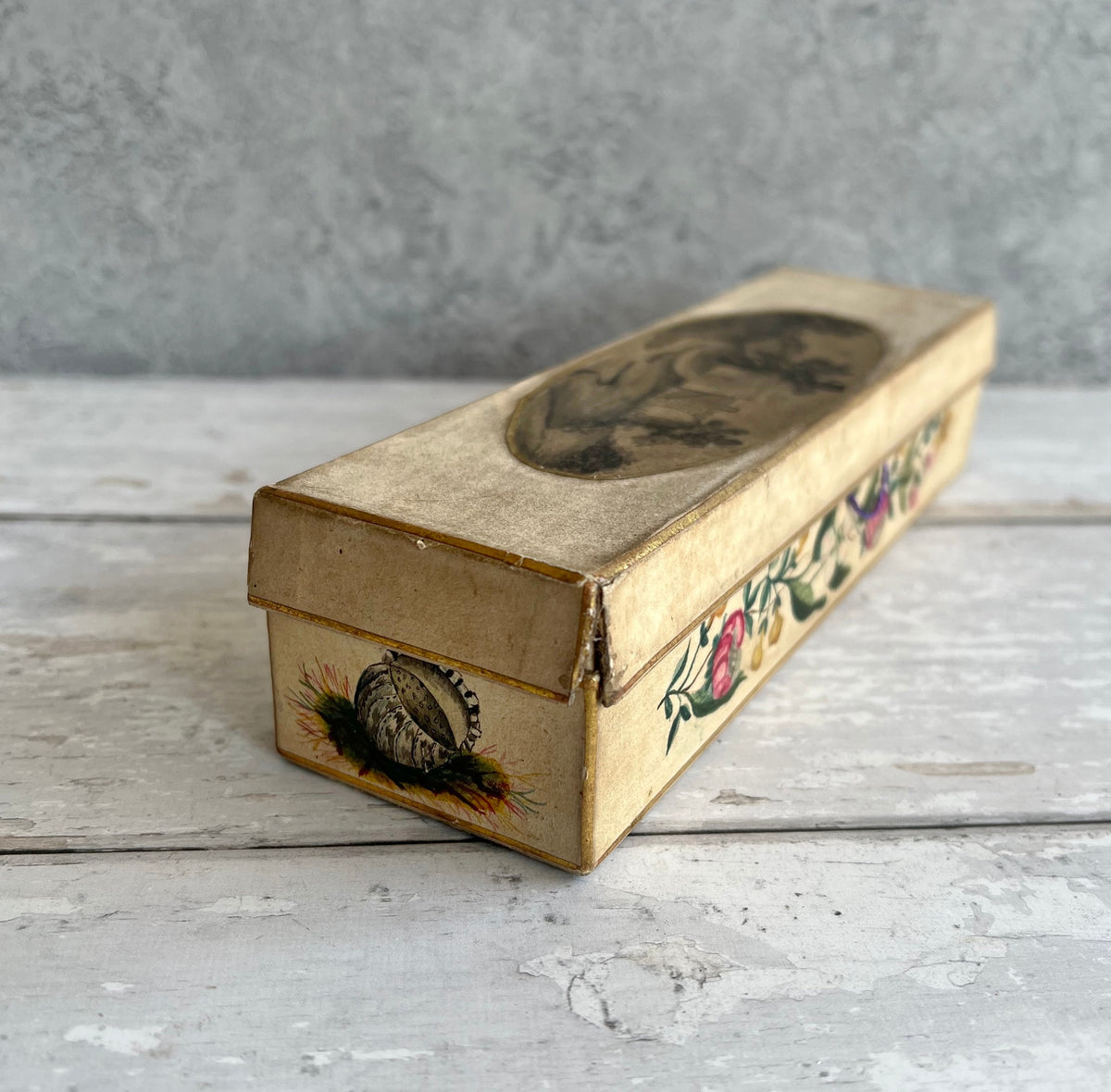 Rare Antique Georgian Sewing Box Hand Painted Shells Flowers and Country Scene Dated 1809