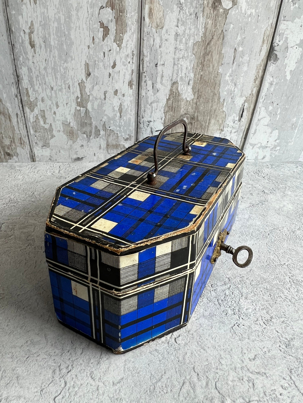 Antique 19th Century Sewing Box Blue Tartan C 1850