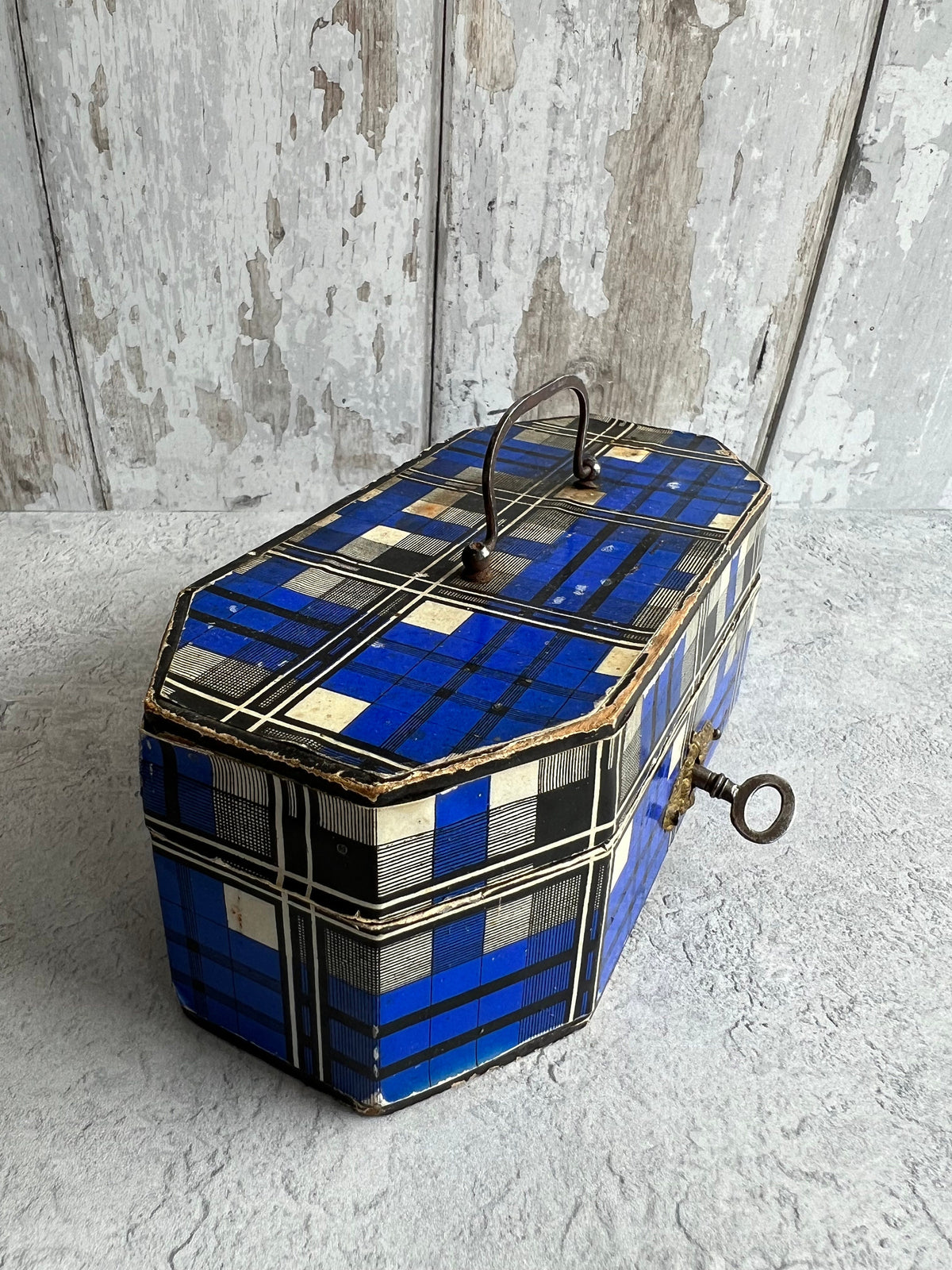 Antique 19th Century Sewing Box Blue Tartan C 1850