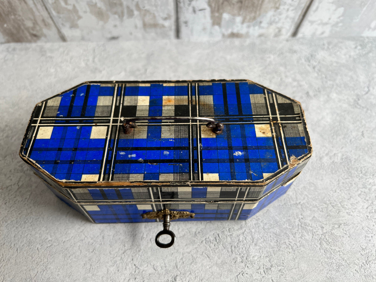 Antique 19th Century Sewing Box Blue Tartan C 1850
