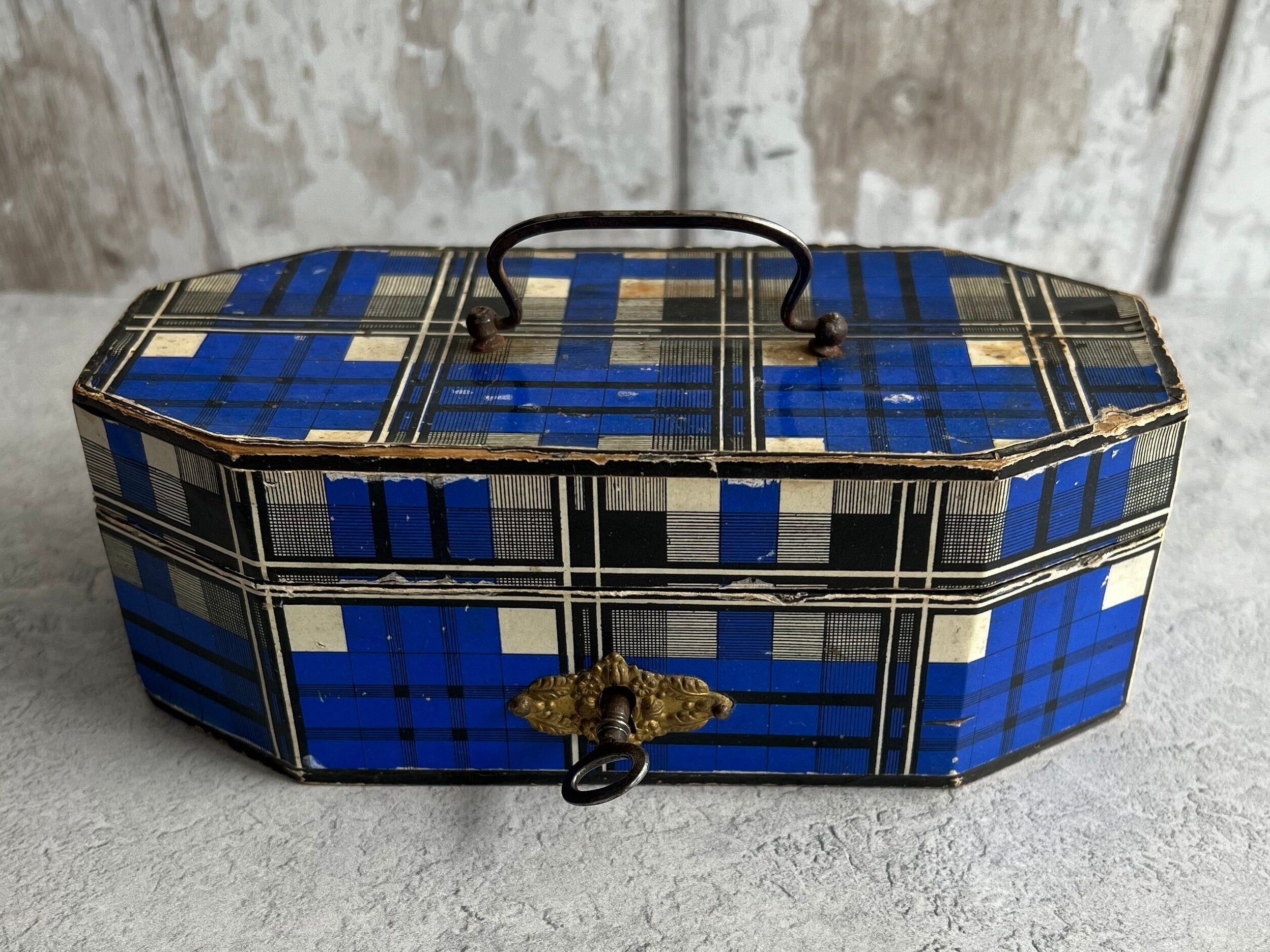 Antique 19th Century Sewing Box Blue Tartan C 1850
