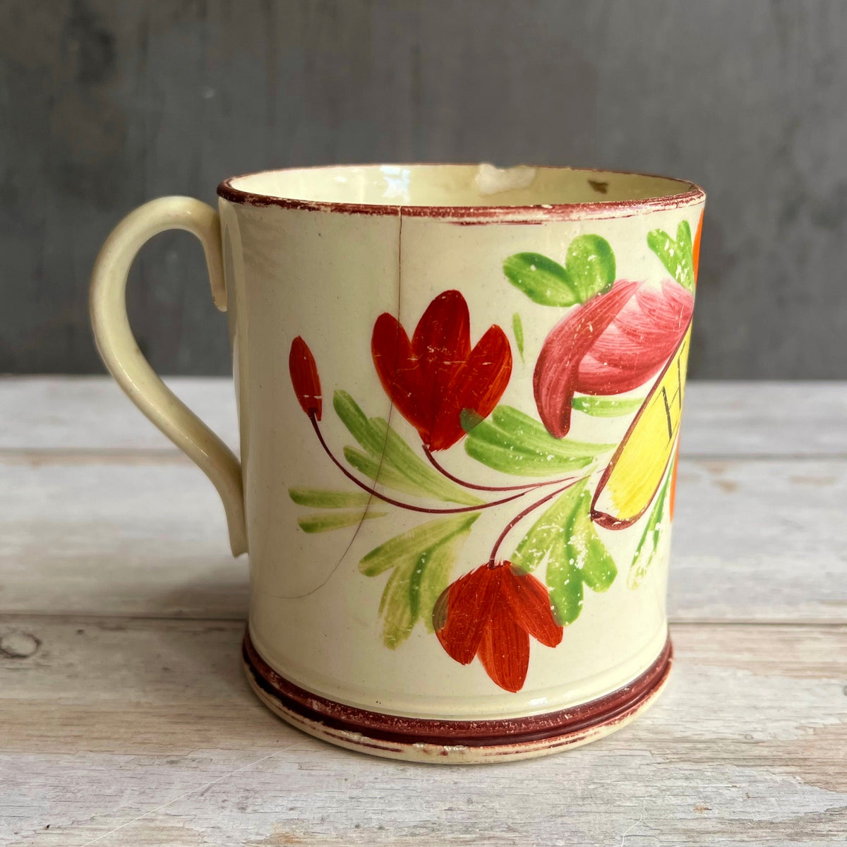RARE 19th Century Mug HANNAH Floral Creamware C 1810 Nursery Ware AF