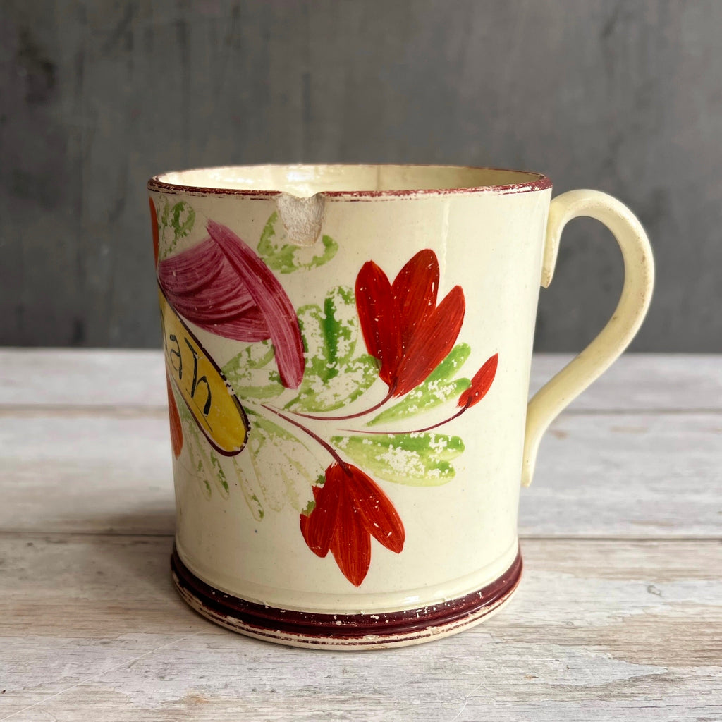 RARE 19th Century Mug HANNAH Floral Creamware C 1810 Nursery Ware AF