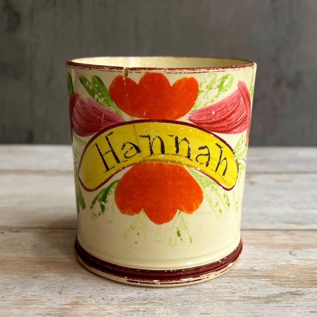 RARE 19th Century Mug HANNAH Floral Creamware C 1810 Nursery Ware AF