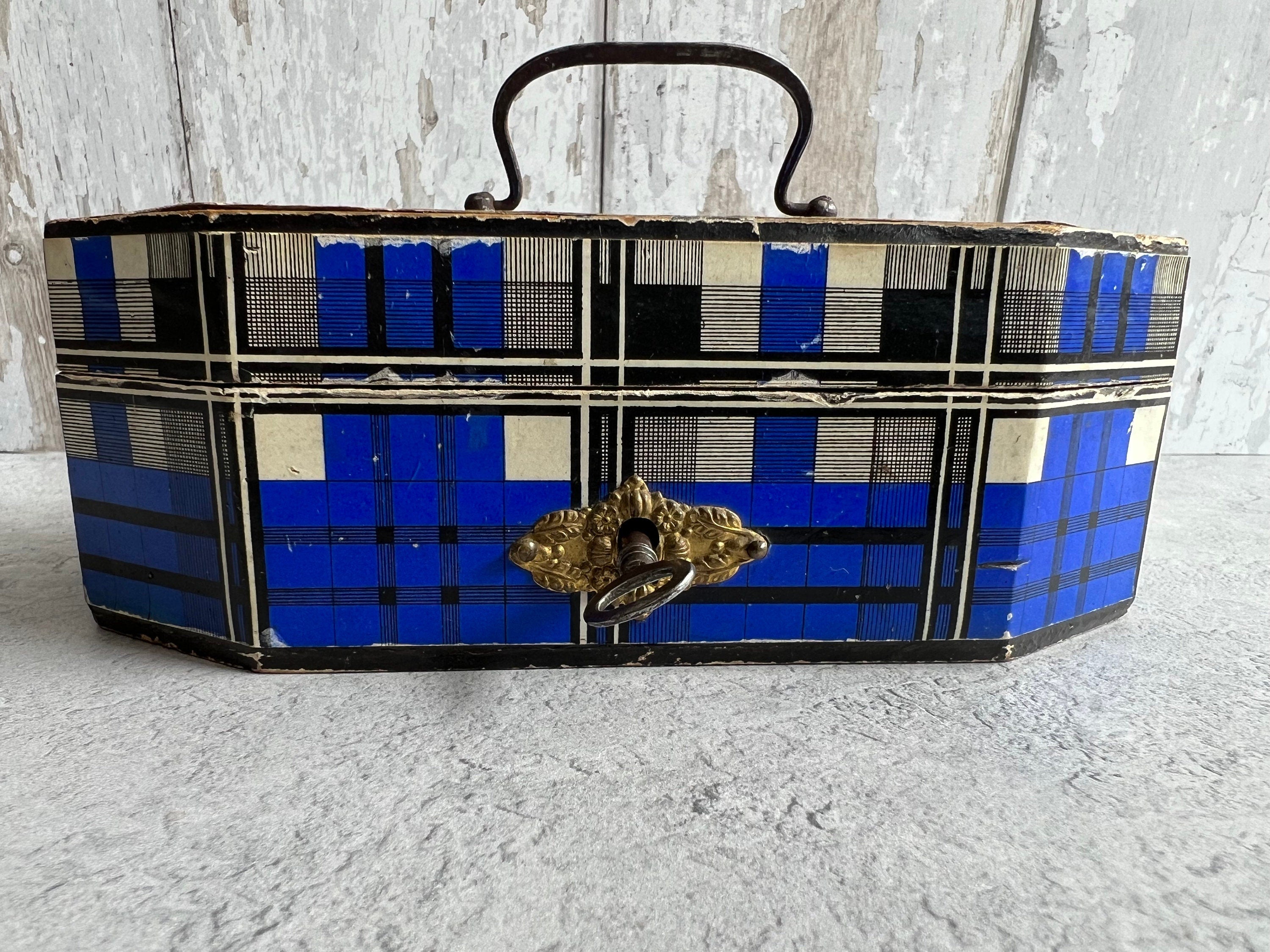 Antique 19th Century Sewing Box Blue Tartan C 1850