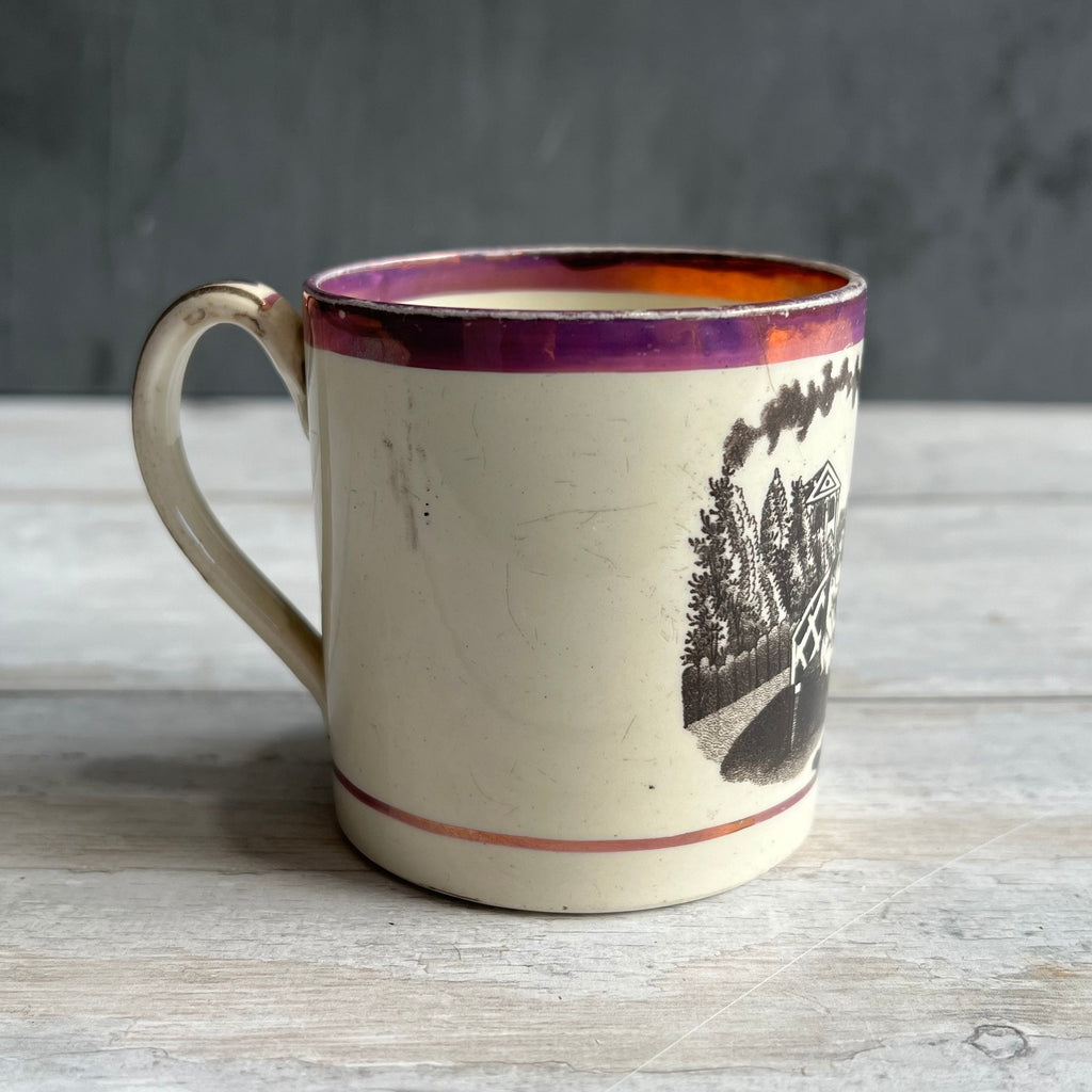 RARE Childs Mug Courtship Country House Pink Lustre Ware Circa 1820