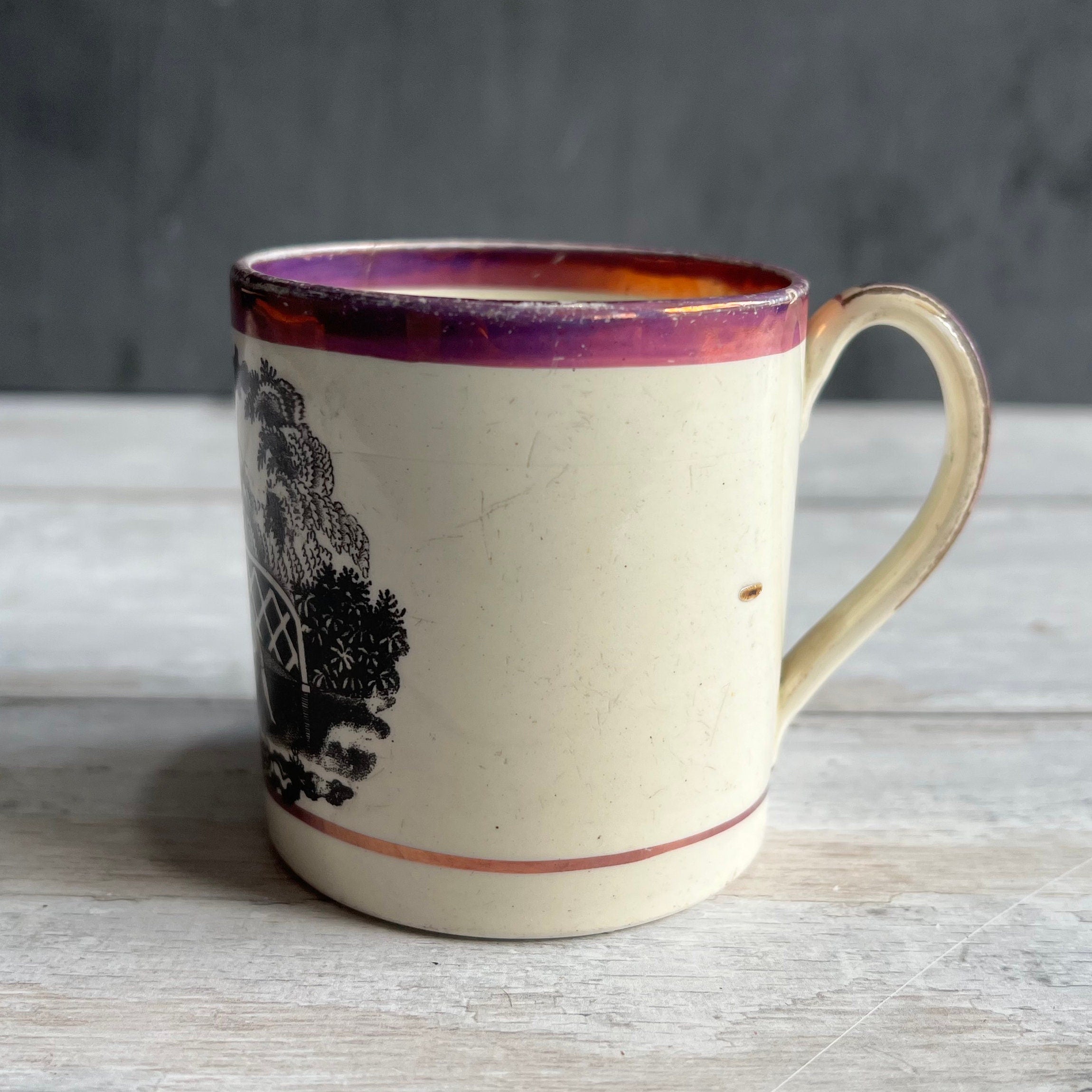RARE Childs Mug Courtship Country House Pink Lustre Ware Circa 1820