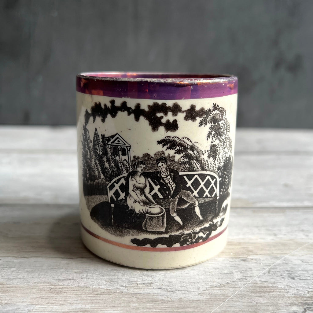 RARE Childs Mug Courtship Country House Pink Lustre Ware Circa 1820