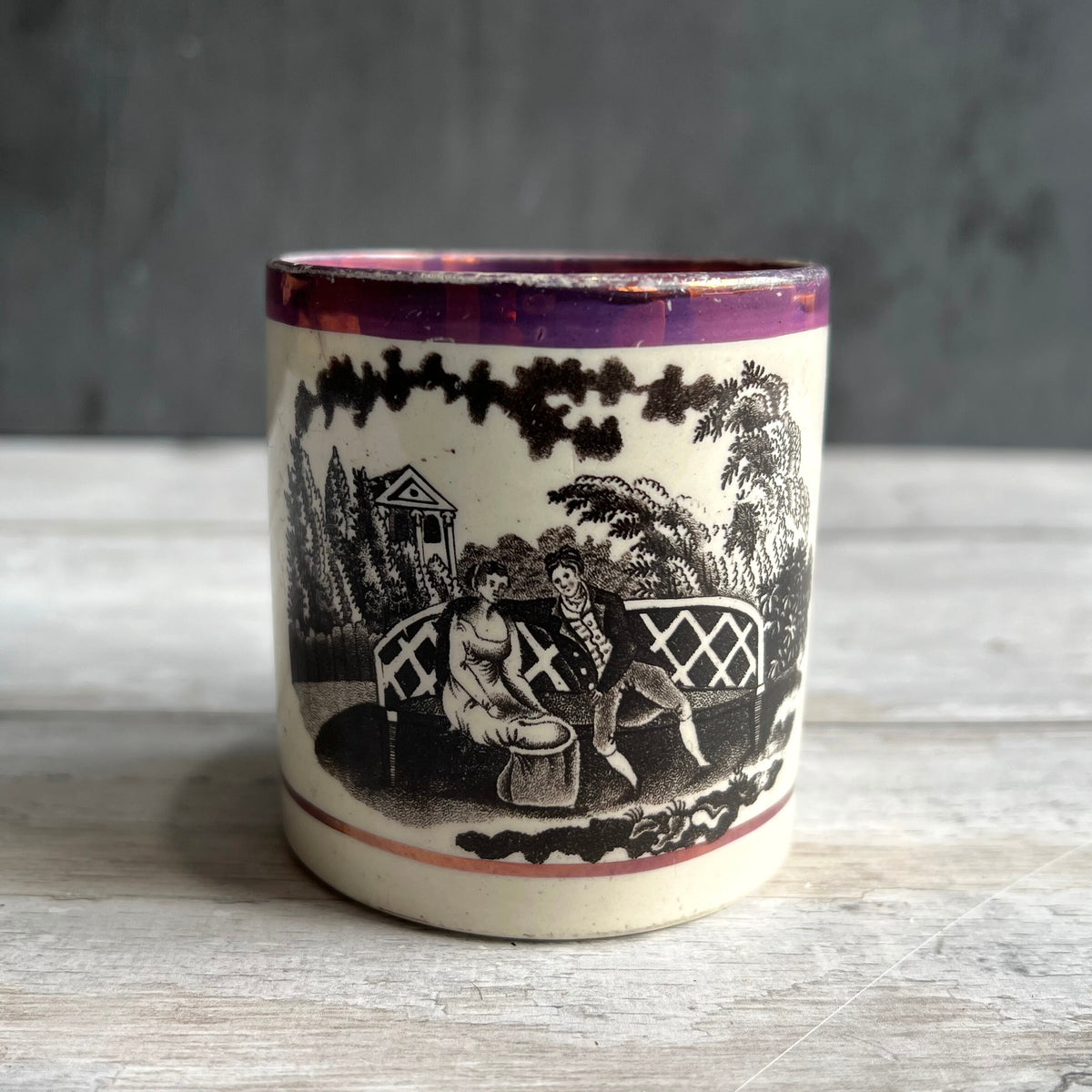 RARE Childs Mug Courtship Country House Pink Lustre Ware Circa 1820