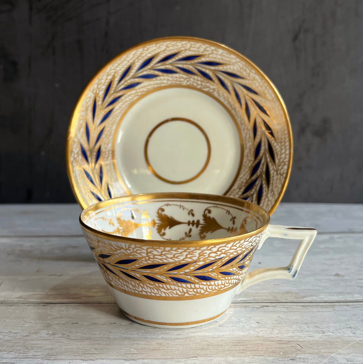 Antique Derby Porcelain Tea Cup and Saucer Leaf Pattern Circa 1810