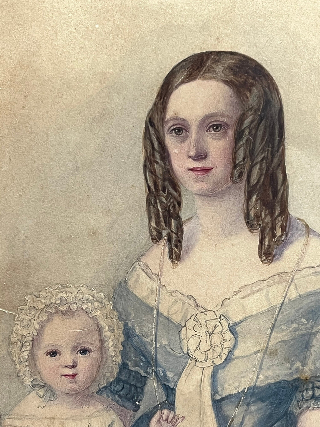 Antique Painting Portrait Mother and Child English Circa 1840