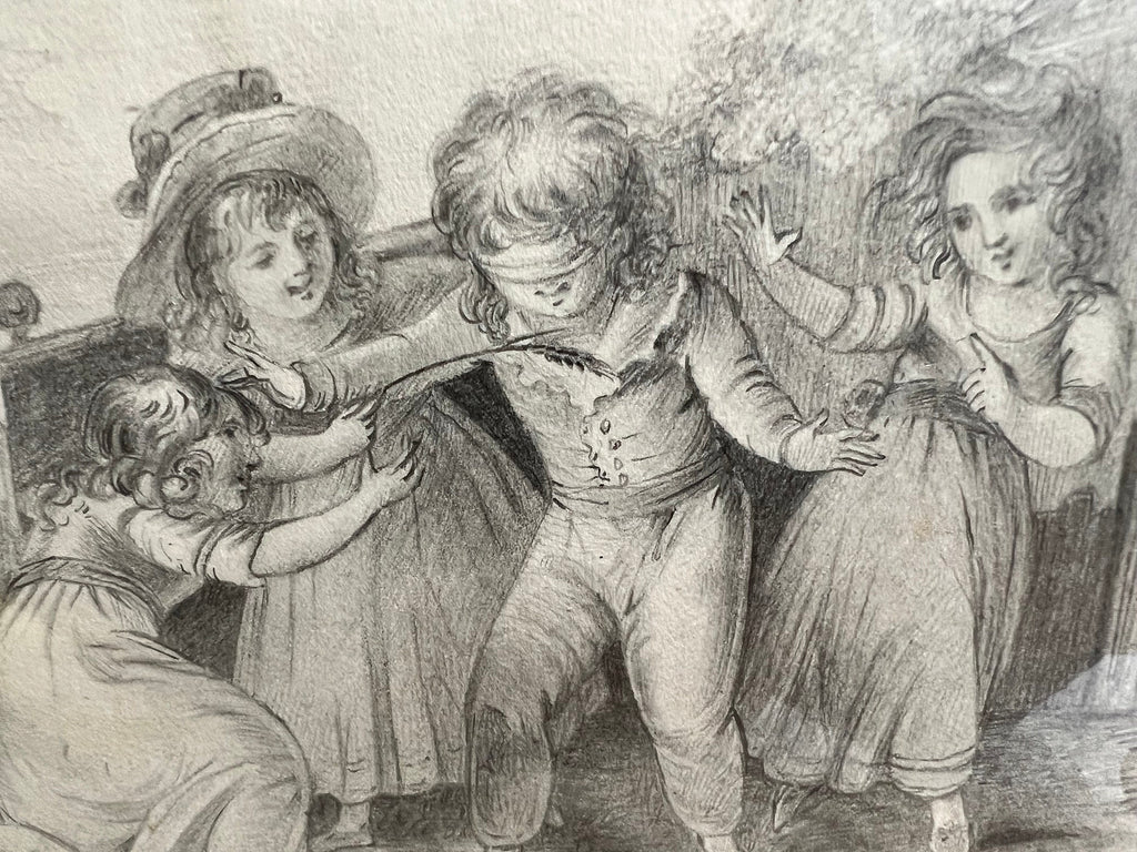 Antique 19th Century Drawing Children Playing English Circa 1830s