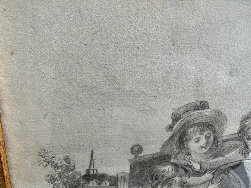 Antique 19th Century Drawing Children Playing English Circa 1830s