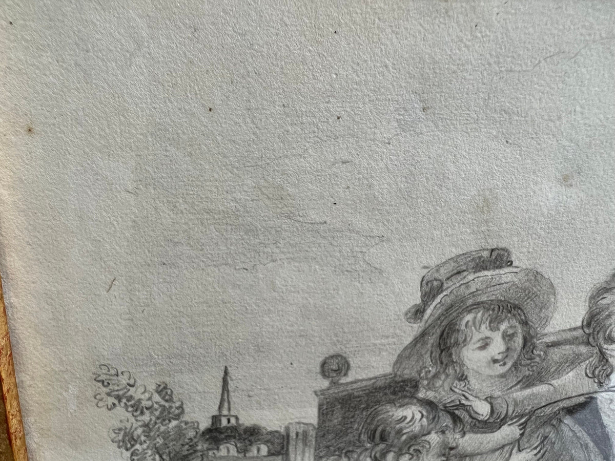Antique 19th Century Drawing Children Playing English Circa 1830s