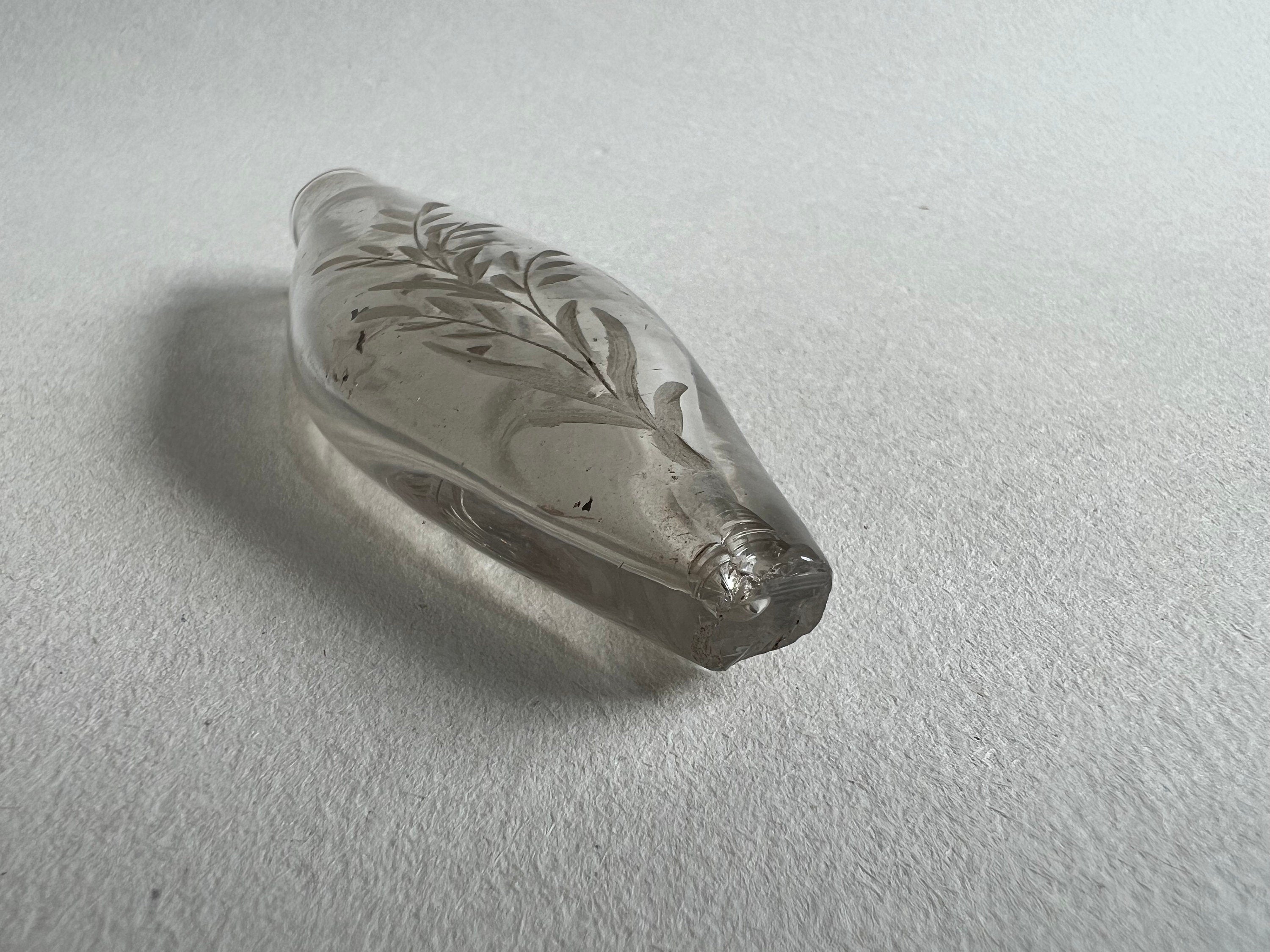 Georgian Miniature English Glass Scent Bottle Navette Shaped Engraved Initials MS Circa 1800 AF