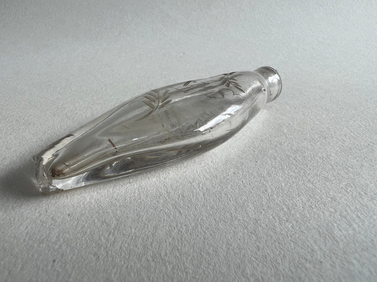 Georgian Miniature English Glass Scent Bottle Navette Shaped Engraved Initials MS Circa 1800 AF