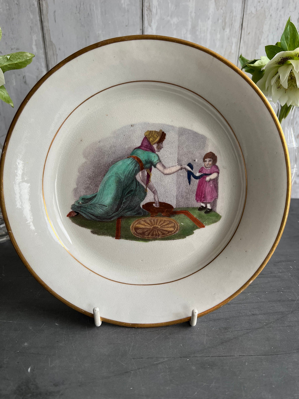 19th Century New Hall Porcelain Plate Adam Buck Mother and Child Circa 1815