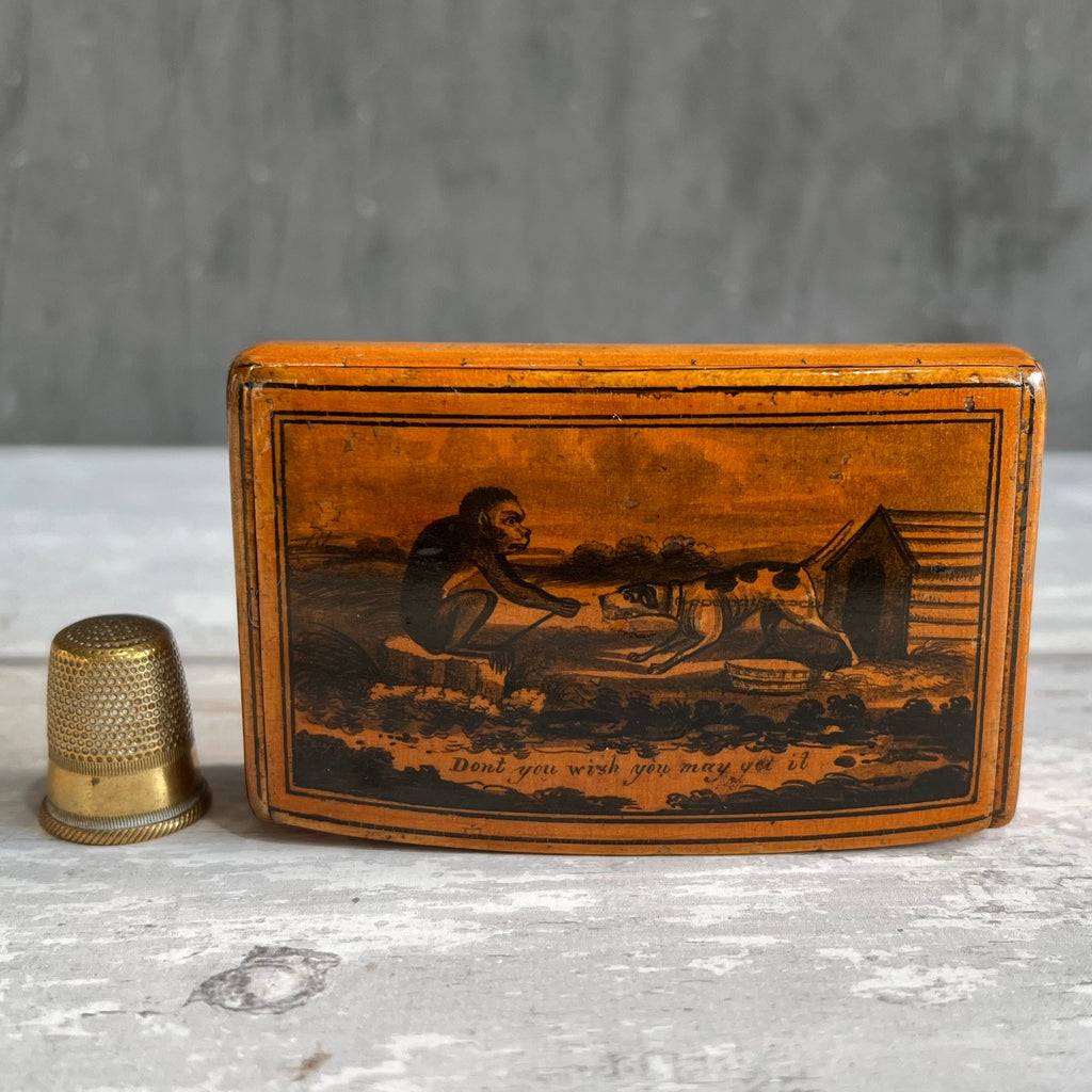 RARE 19th Century Snuff Box Monkey Dog Mauchline Ware C 1850