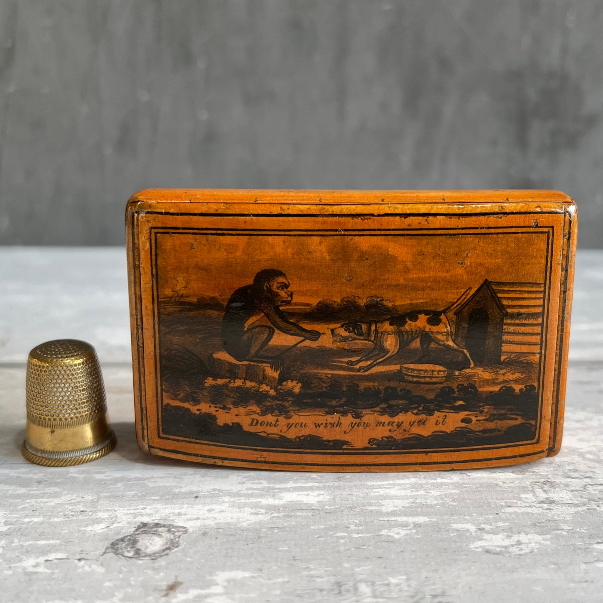 RARE 19th Century Snuff Box Monkey Dog Mauchline Ware C 1850