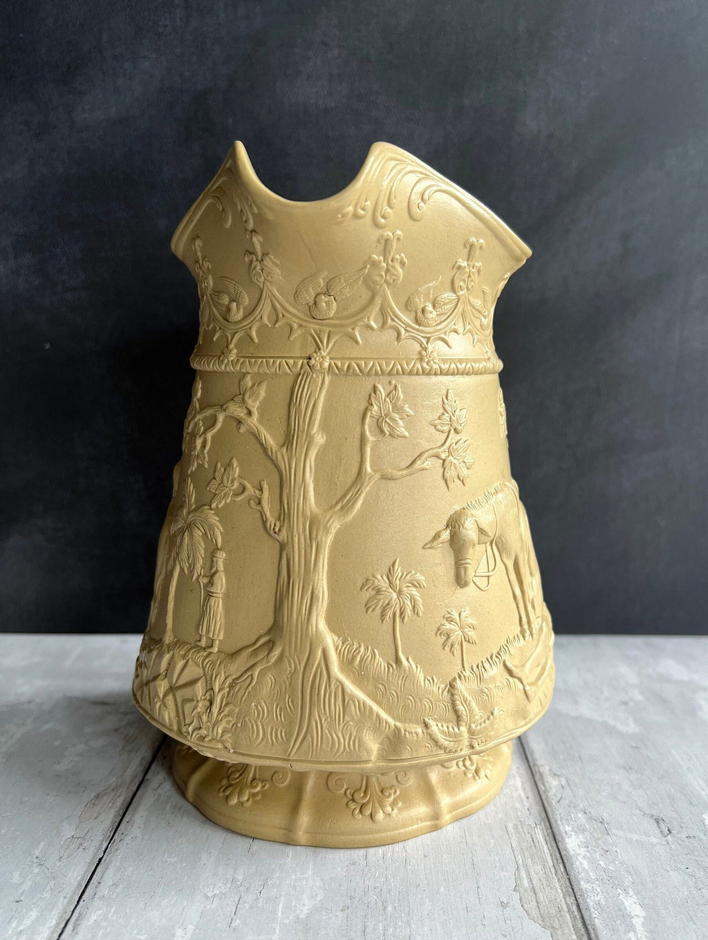 Antique English Jug Pitcher Jones & Walley Relief Moulded Stoneware The Good Samaritan C 1841