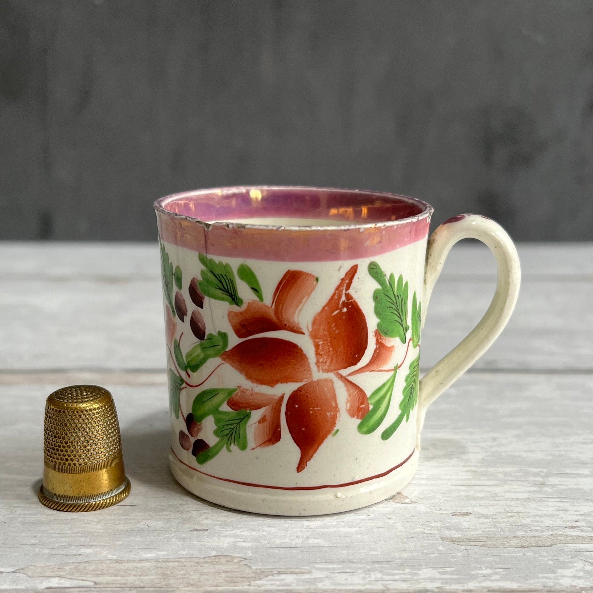 Antique Miniature Toy Mug Floral Lustre Folk Art Children’s China C 1820