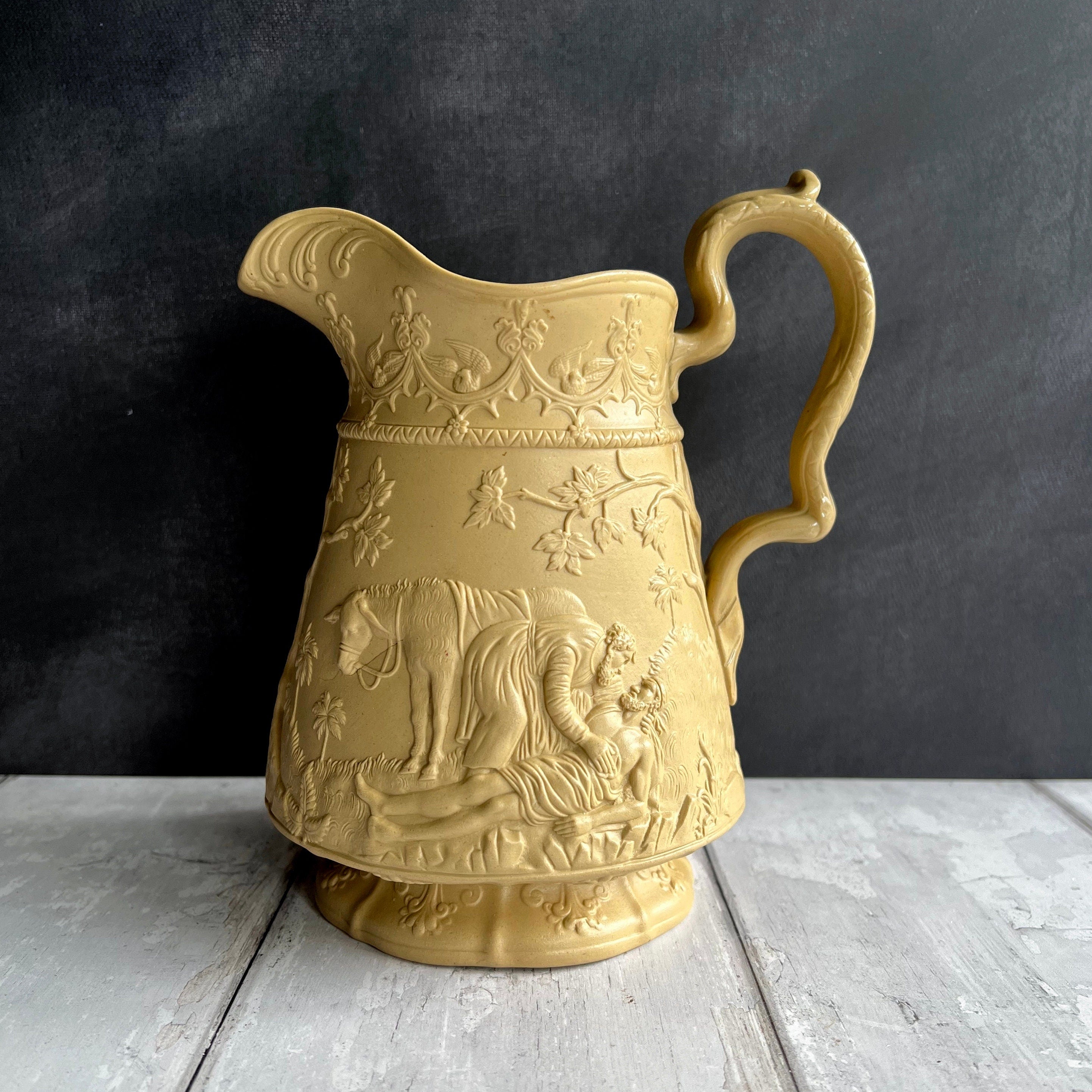 Antique English Jug Pitcher Jones & Walley Relief Moulded Stoneware The Good Samaritan C 1841
