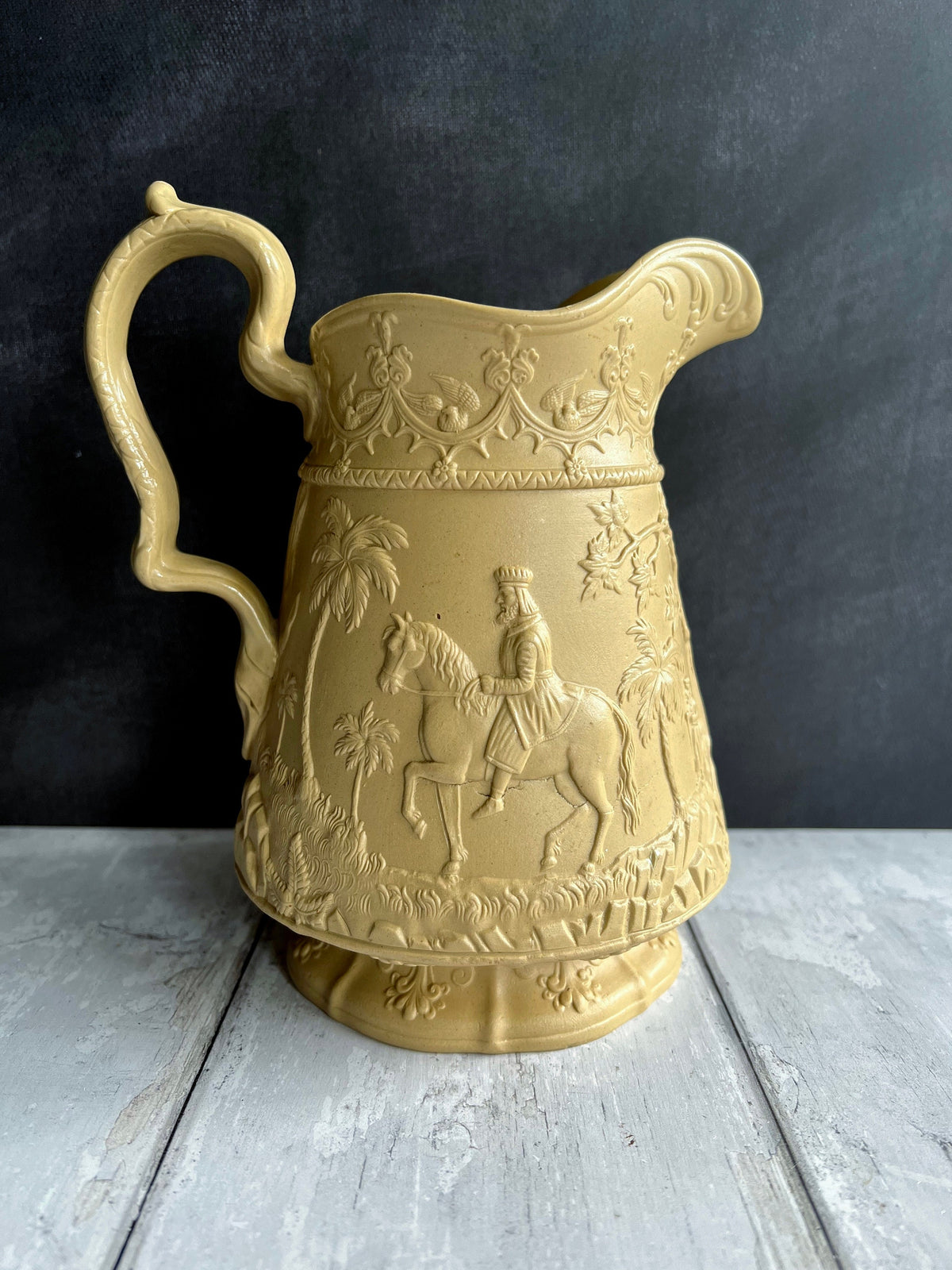 Antique English Jug Pitcher Jones & Walley Relief Moulded Stoneware The Good Samaritan C 1841