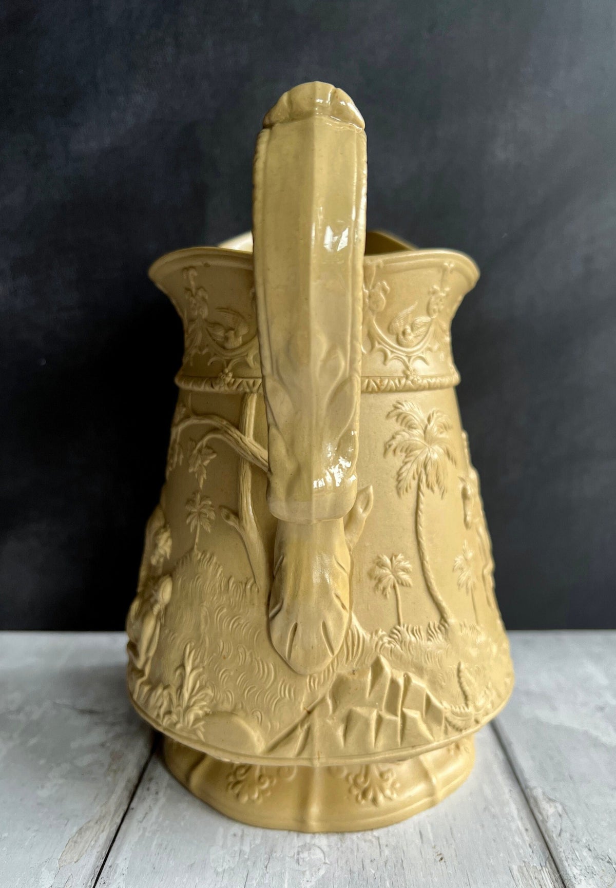 Antique English Jug Pitcher Jones & Walley Relief Moulded Stoneware The Good Samaritan C 1841