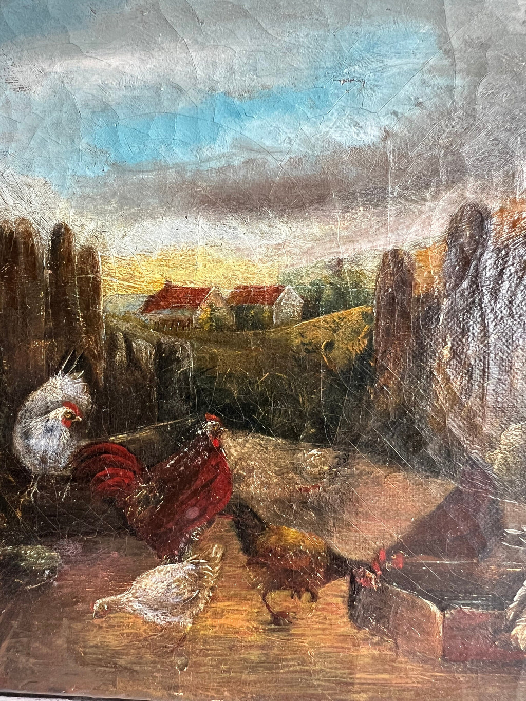 19th Century Folk Art Oil Painting Farmyard Scene Chickens Rooster Hens Farmhouse C 1870