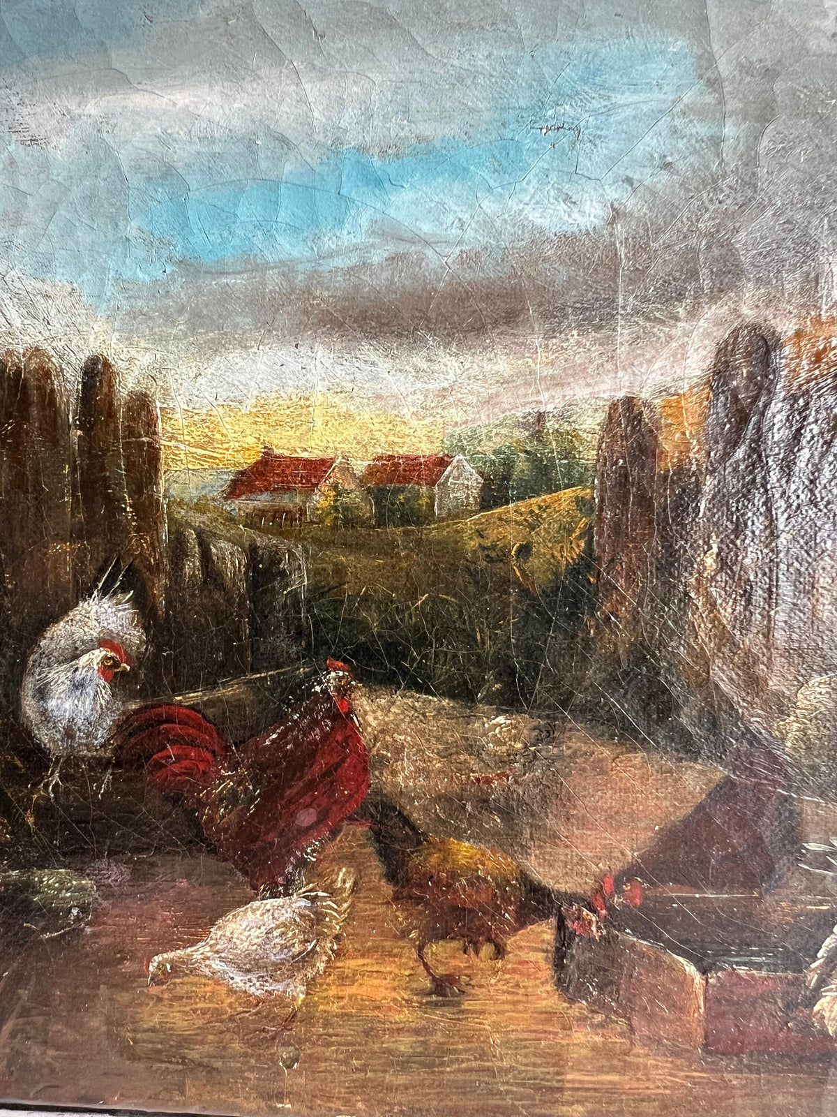 19th Century Folk Art Oil Painting Farmyard Scene Chickens Rooster Hens Farmhouse C 1870
