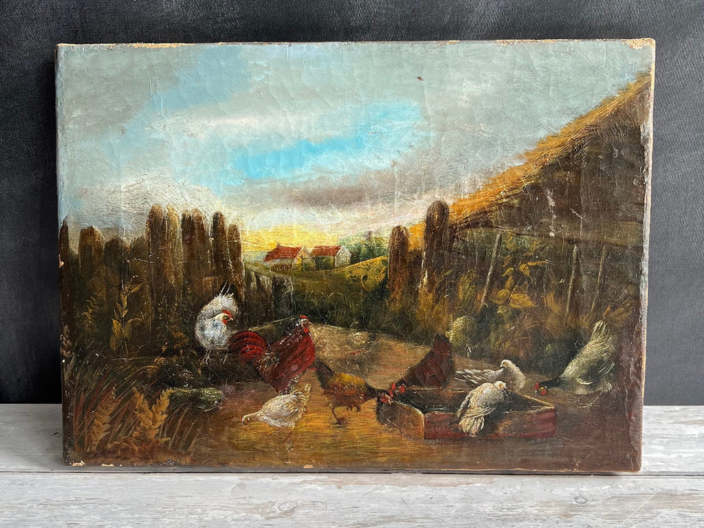 19th Century Folk Art Oil Painting Farmyard Scene Chickens Rooster Hens Farmhouse C 1870