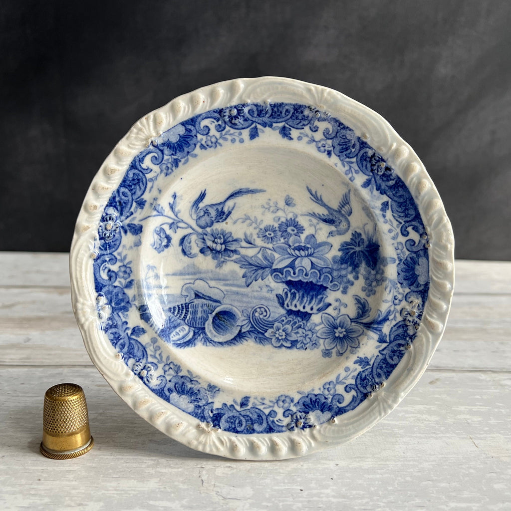 19th Century Childs Plate Blue And White Transferware Shells Birds and Cornucopia C 1830