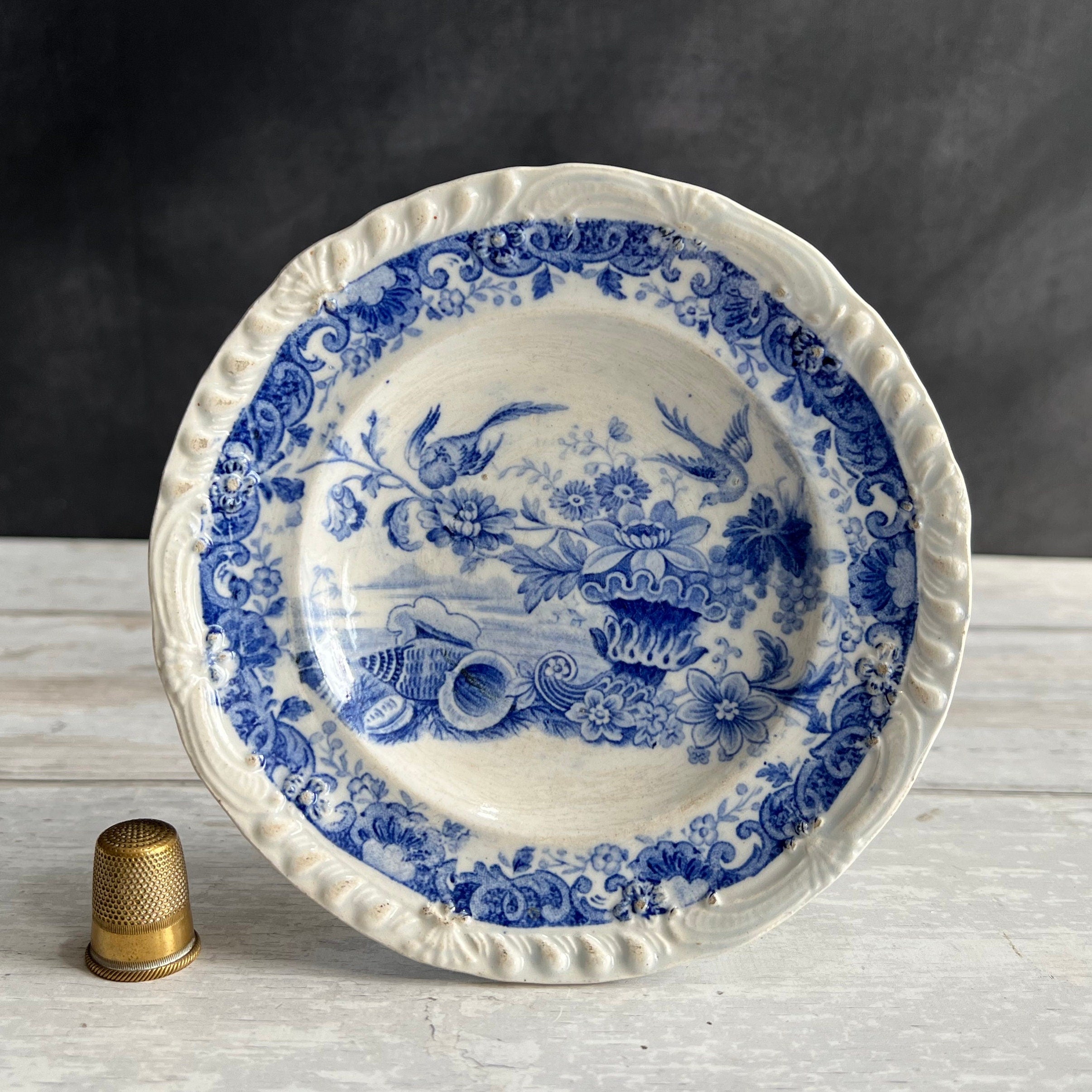 19th Century Childs Plate Blue And White Transferware Shells Birds and Cornucopia C 1830